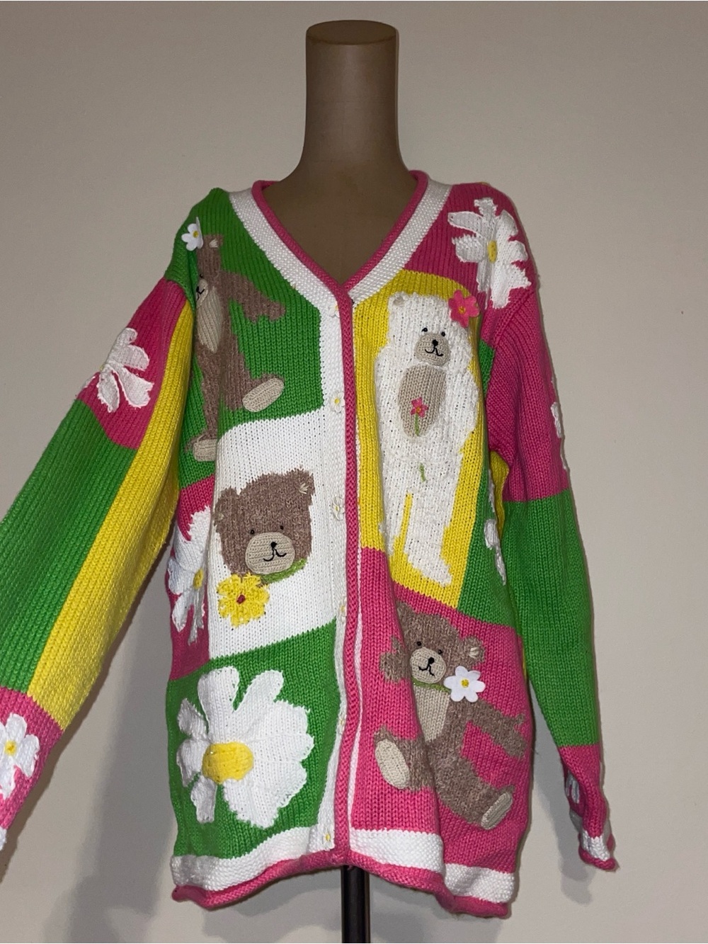 Storybook Knits chunky Teddy & Daisy Knit Cardigan Sweater - Multicolor